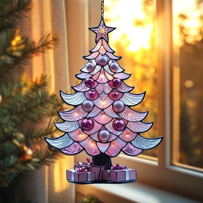 Blush Christmas Tree Acrylic Suncatcher, Faux Stained Glass Indoor Window by Unknown