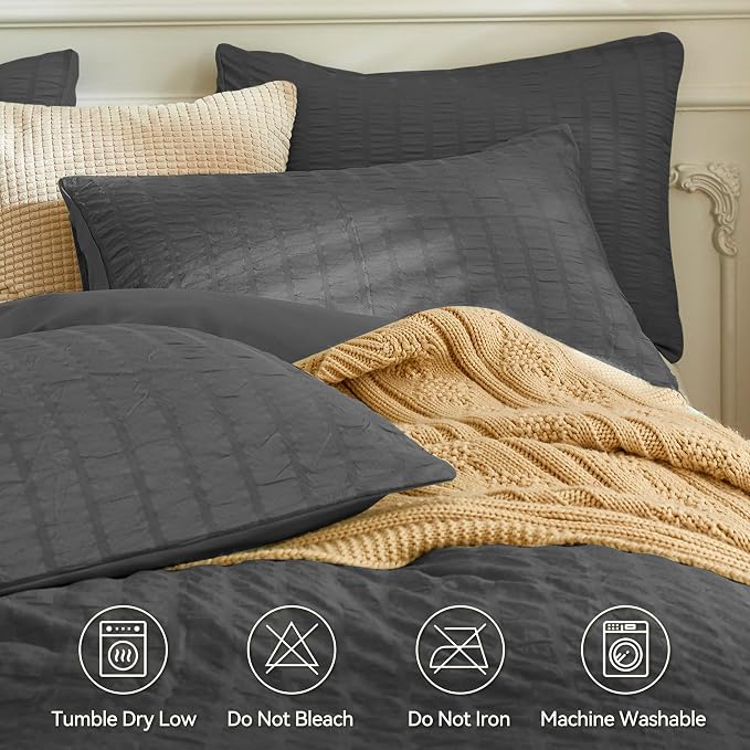 JELLYMONI Charcoal Grey Duvet Cover Full Size, Soft Breathable Seersucker Duvet - Image 4