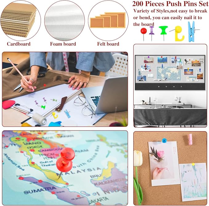 BESARME 200 Pcs Push Pins for Bulletin Board, Thumb Tacks for Cork Board | - Image 6