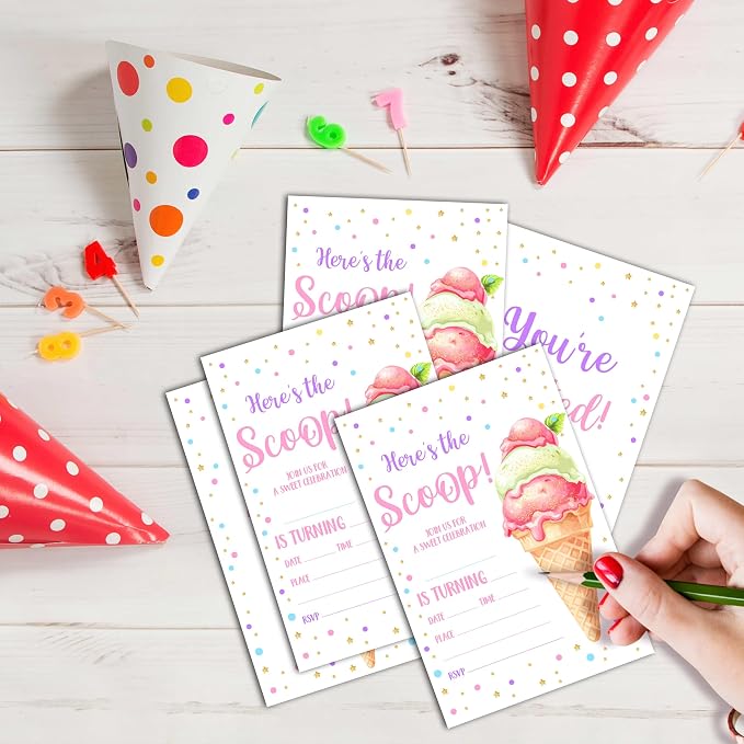 Ice Cream Birthday Invitations, 25 Double-Sided Invitation Cards - Image 3