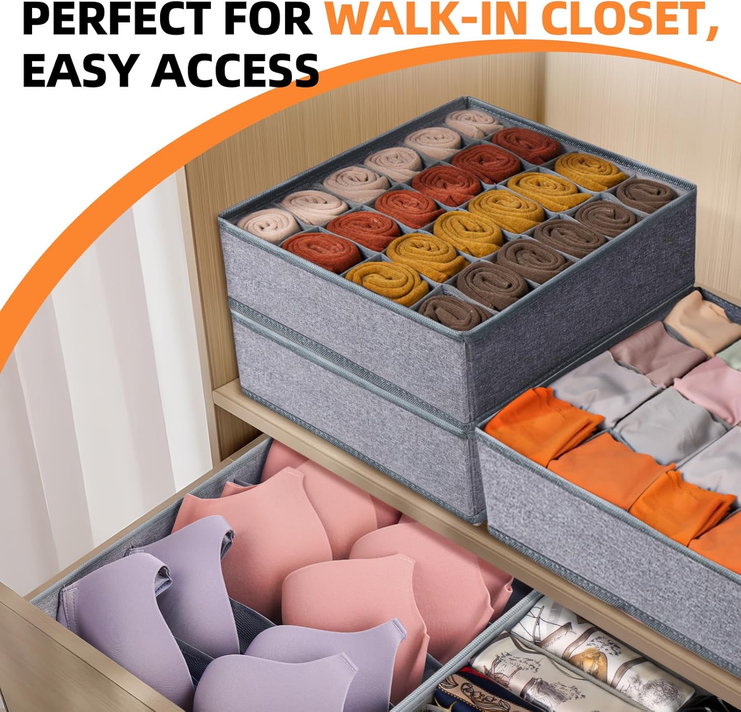 Criusia 6 Pack Large Drawer Organizer for Sock Underwear - Washable Heavy Duty Fabric Closet Organizers and Storage Bins - 90 Cells Dresser Organizer Divider for Baby Clothes, Ties, Belt (Grey)