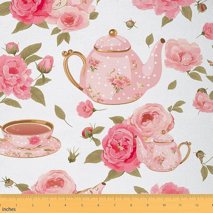 Feelyou Floral Fabric by The Yard, Romantic Rose Tea Cups Upholstery Fabric by Feelyou
