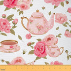 Feelyou Floral Fabric by The Yard, Romantic Rose Tea Cups Upholstery Fabric by Feelyou