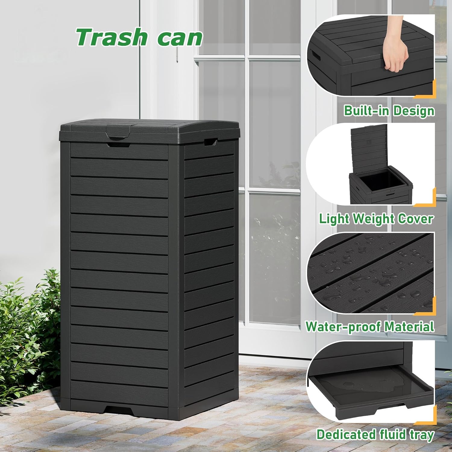 NUNU LAB 31 Gal Outdoor Trash Can with Lid - Heavy Duty Waterproof Resin, Removable Drip Tray, Fits 33-40 Gallon Bags - Large Garbage Bin for Patio, Backyard, Deck