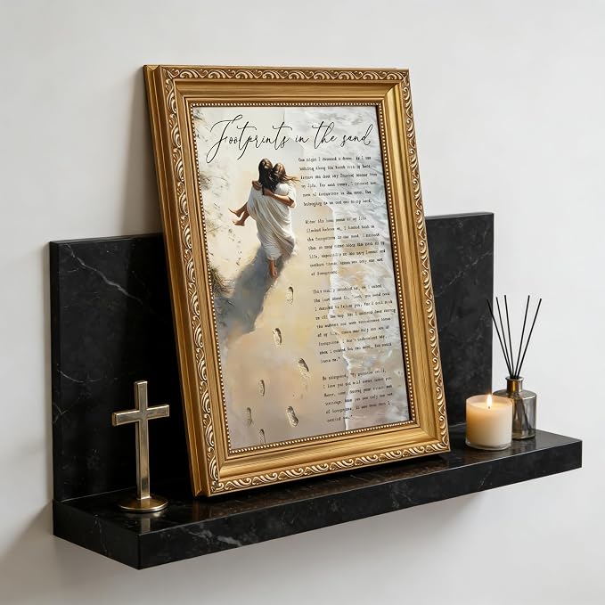 Vintage Gold Framed Jesus Wall Art Footprints in the Sand Christian Canvas - Image 7