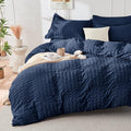 HYMOKEGE Navy Blue Duvet Cover Queen Size, Ultra Soft 3-Piece Seersucker Duvet by HYMOKEGE