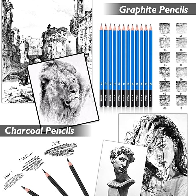 Caliart 176PCS Art Supplies Sketching Kit, 100 Sheets 3-Color Sketch Book | - Image 4