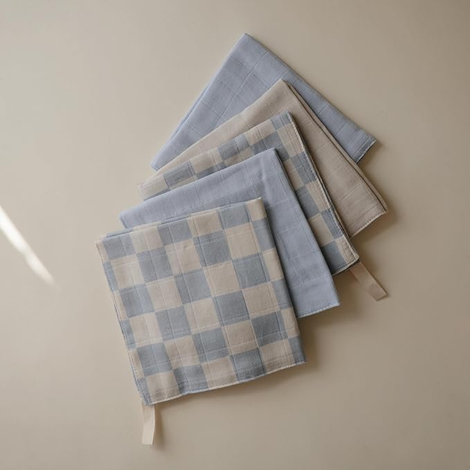 mushie Muslin Organic Cotton Washcloths 5-Pack (Blue Check Combo) | Soft Wipes for Baby Cleanups and Bathing