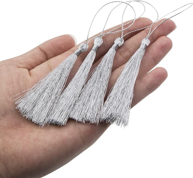VAPKER 100Pcs Metallic Silver Thread Tassels 13cm/5 Inch Bookmark Tassels Mini - Image 3