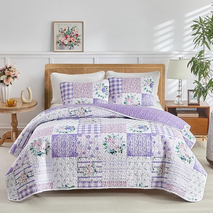 Joyreap 3 Pieces Floral Quilt Set Queen, Patchwork Purple n Pink Flowers Design by Joyreap