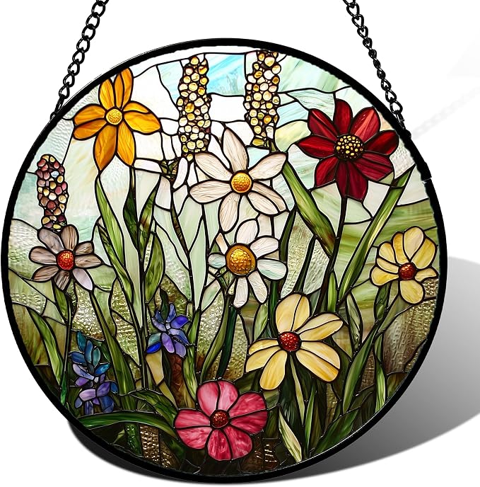 DASTOLL Stained Glass Window Hanging, Colorful Wildflowers Plant Scenery by DASTOLL