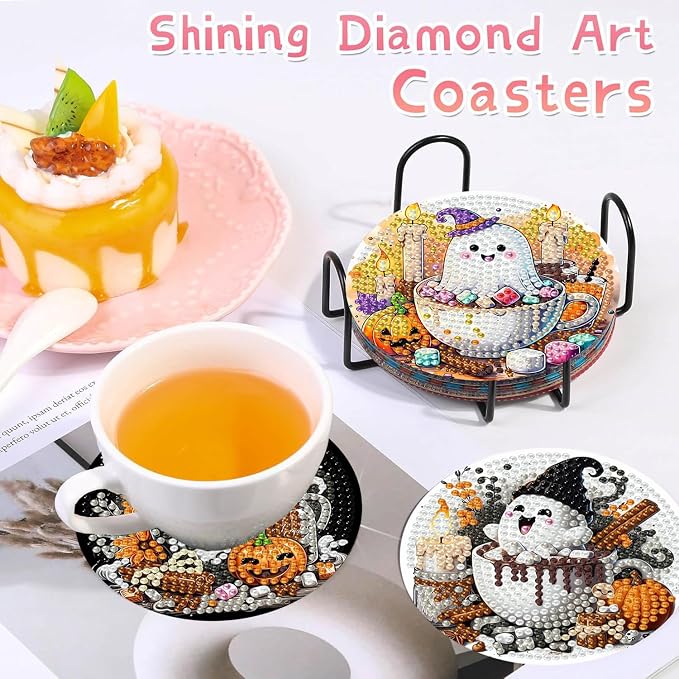 8 PCS Halloween Diamond Art Coasters Kits, Ghost Diamond Painting Coaster | - Image 6