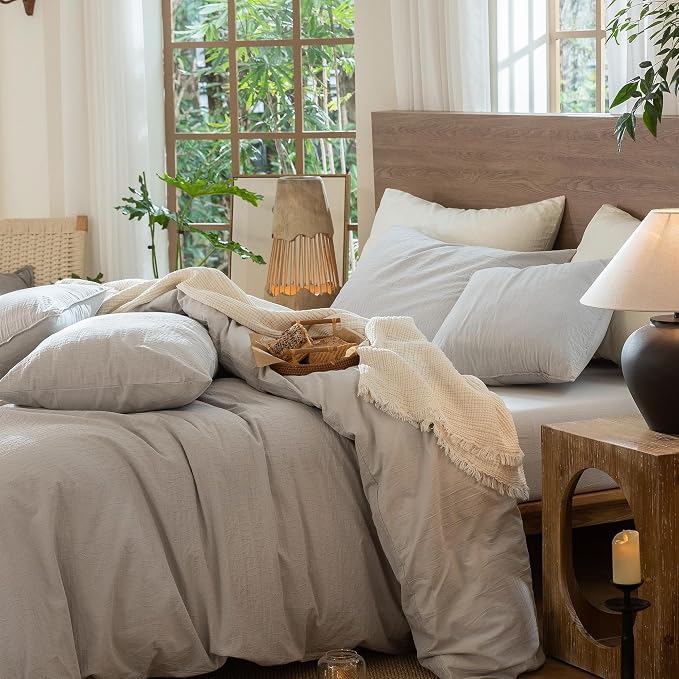 MooMee Wavy Striped Duvet Cover Set 100% Washed Cotton Linen Like Textured - Image 5