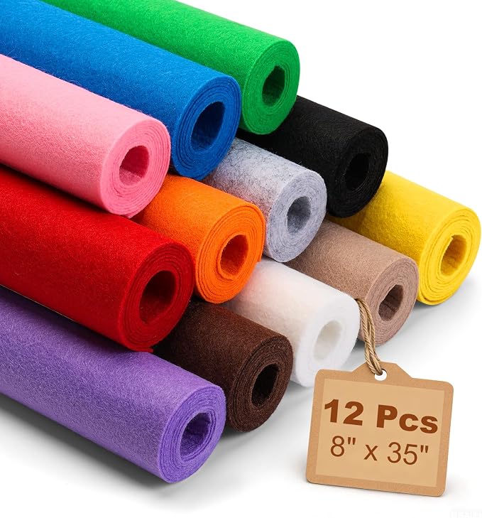 12 Rolls Large Stiff Felt Sheets 8"x35" Felt Fabric Bundle Pack Rainbow by ZANEXIR