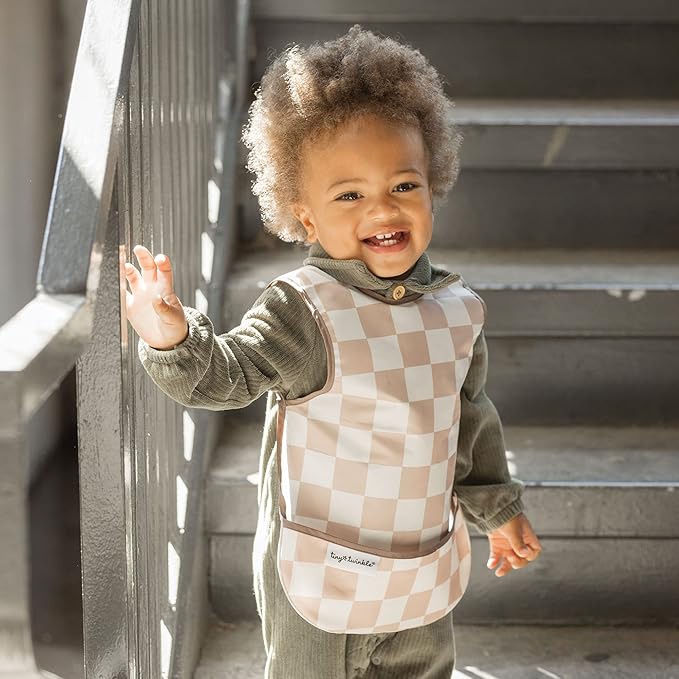 Twinkle Short Sleeve Apron Baby & Toddler Bib – Waterproof, Mess-Proof Bibs for Eating & Feeding, Machine Washable, Perfect Holiday Gift (Brown Checkers, 6–24M)
