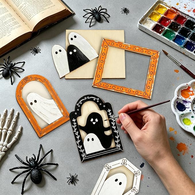 12 Sets Halloween Crafts Kit, Wood Ghost DIY Frames Decoration, Unfinished - Image 4