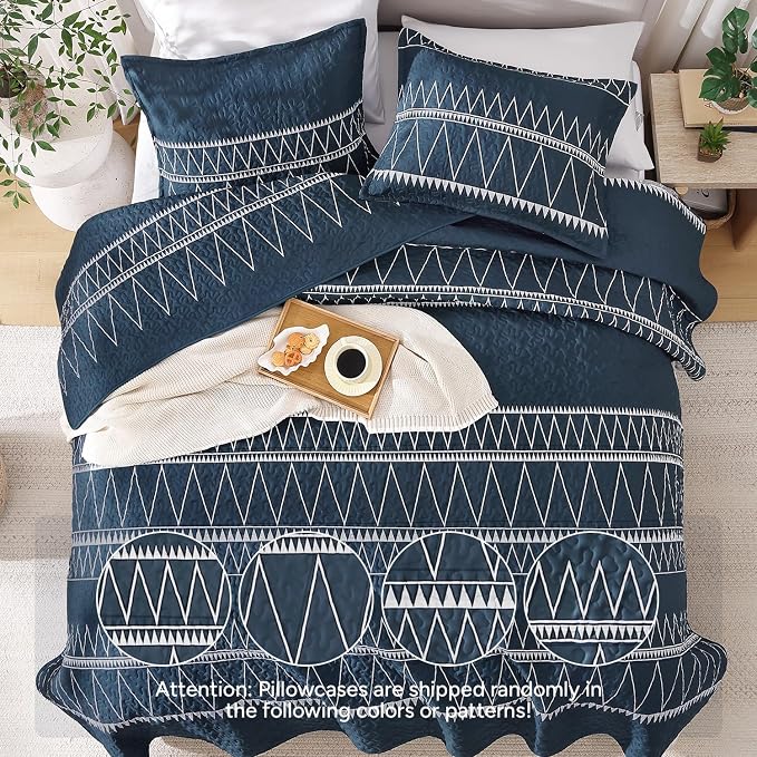 Andency Navy King Size Quilt Set, 3 Pieces Boho Lightweight Soft Striped - Image 3