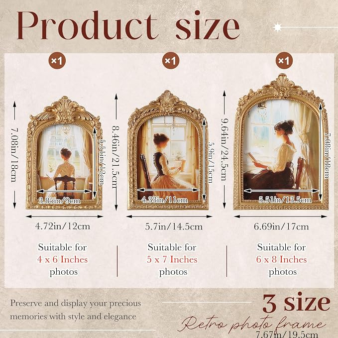 Wonderjune 3 Pcs Vintage Picture Frames Antique Set Baroque Ornate Gold Arched - Image 2