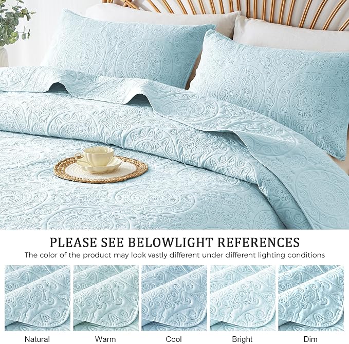WURUIBO Sky Blue Quilt Set King/Cal King Size, Embossing Microfiber Bedspreads - Image 5