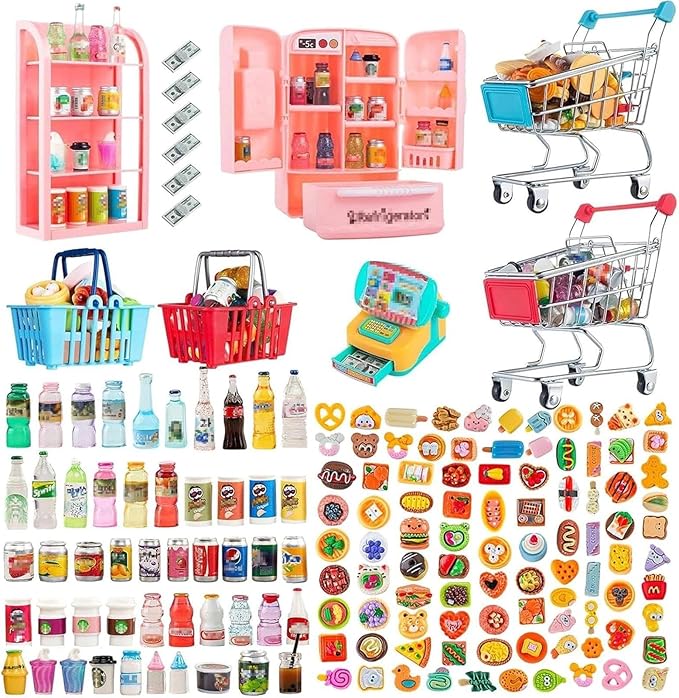 164Pcs Mini Shopping Cart Basket Miniature Food Drink Toy Supermarket Metal by WEHOO