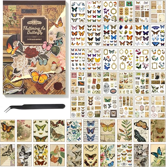 Butterfly Washi Sticker Book for Journaling, 30 Sheets 500+ Vintage Scrapbook by Ahmagen