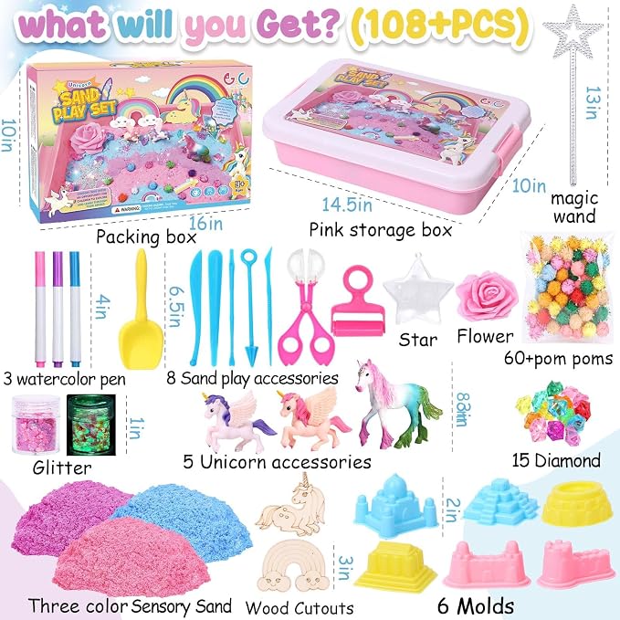 G.C Unicorn Sensory Bin for Girl Kid Toy, Play Sand Art Kit 108pcs - Image 3