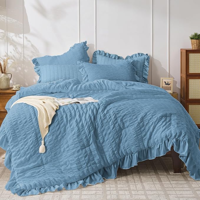 JOLLYVOGUE Queen Comforter Set, 3 Pieces Sea Blue Seersucker Comforters Queen by JOLLYVOGUE