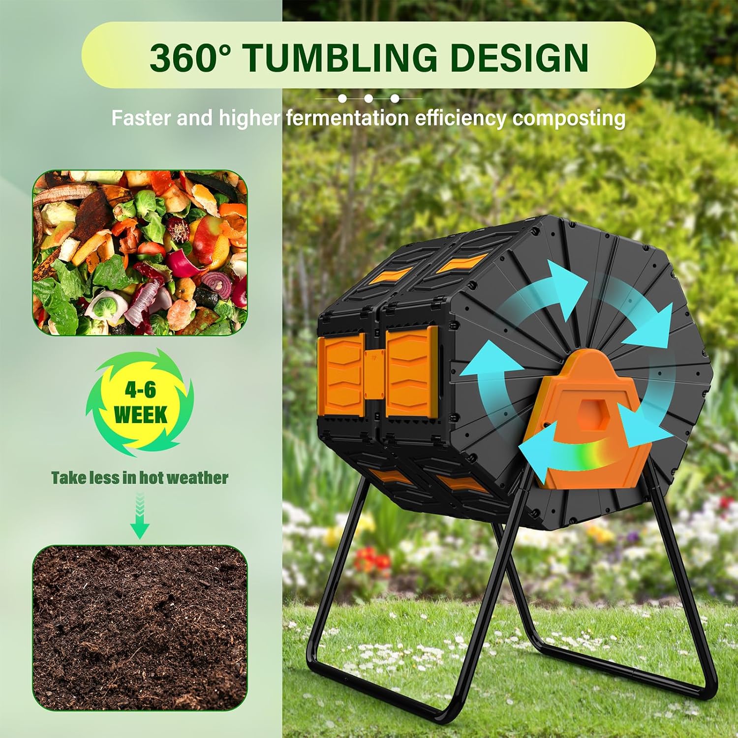 Compost Bin Outdoor, 45 Gallon / 170L Composter Tumbler, 360° Rotating Compost Bin Outdoor, BPA-Free Fast-Working All-Season Heavy-Duty Dual Chamber Compost Tumbler for Garden Kitchen Yard Waste