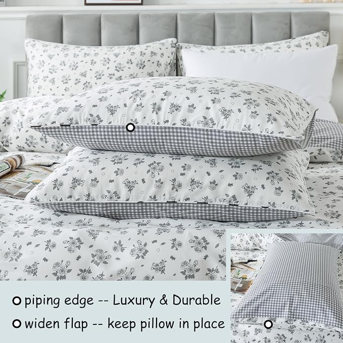 FADFAY Floral Duvet Cover Set King/Cal King Size 100% Cotton Grey White Flower - Image 4