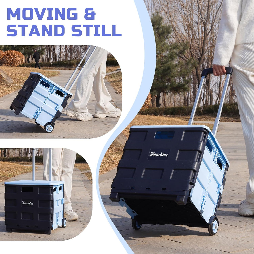 Collapsible Rolling Crate on Noiseless Wheels: Portable Utility Cart for Shopping Teacher Laundry (Blue)