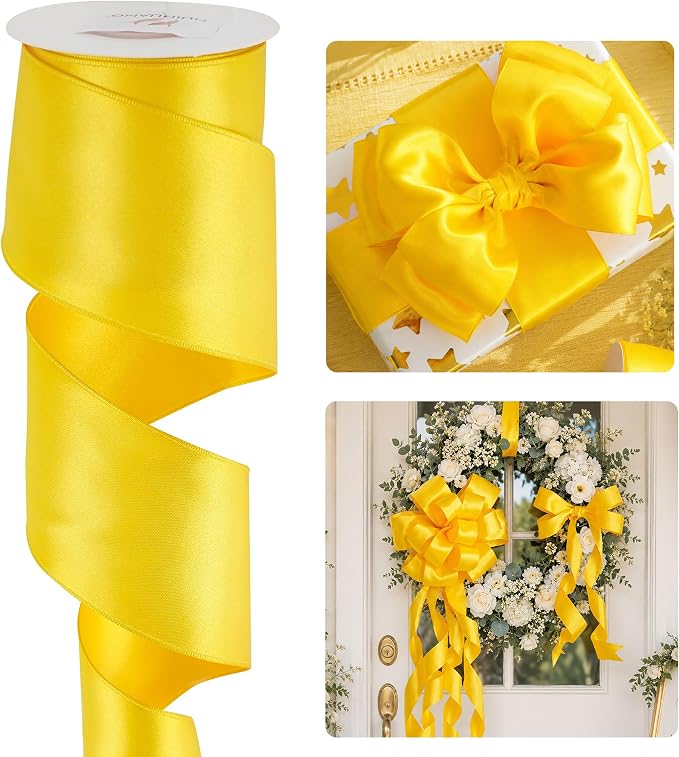 HUIHUANG Yellow Wired Ribbon 2.5 inch Yellow Satin Wire Edge Ribbon by HUIHUANG