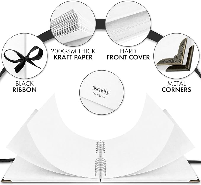 Bstorify Square Scrapbook Photo Albums 60 Pages White Thick Paper, Metal Corners - Image 3
