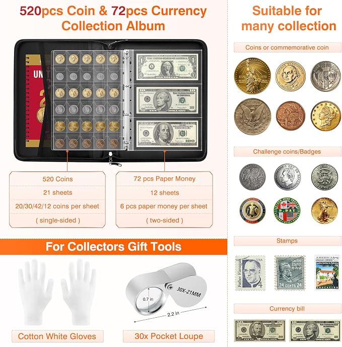 Coin Collection Book with 520 Pockets Coin Holders, Coin Albums - Image 3