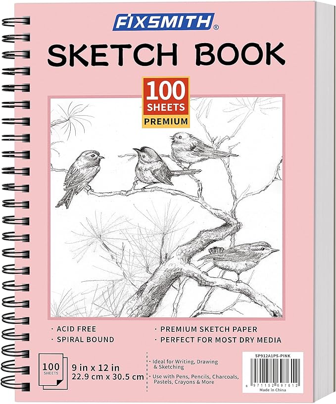 FIXSMITH 9"X12" Pink Sketch Book, 100 Sheets Spiral Sketchbook, Acid Free by FIXSMITH