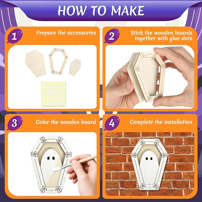 12 Sets Halloween Crafts Kit, Wood Ghost DIY Frames Decoration, Unfinished - Image 5