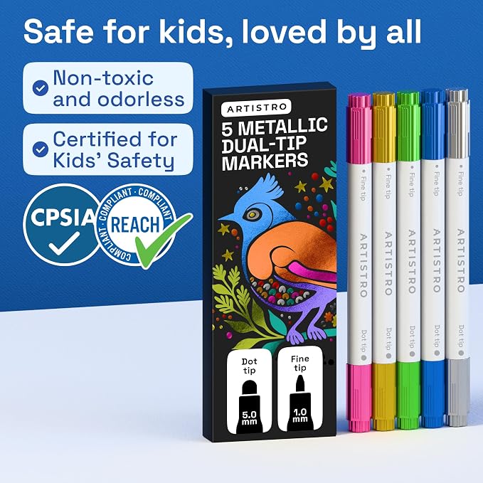 ARTISTRO 5 Metallic Dual-Tip Acrylic Paint Markers – Paint Pens Set - Image 7
