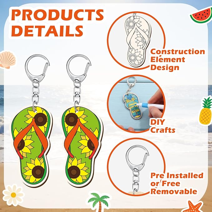 RattanView 24 Pcs Flip Flop Slipper Craft Color Your Own Keychains DIY Craft - Image 3