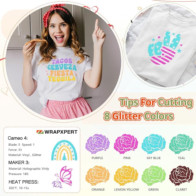 WRAPXPERT Neon Glitter HTV Heat Transfer Vinyl Bundle, 8 Packs Glitter Iron on - Image 2