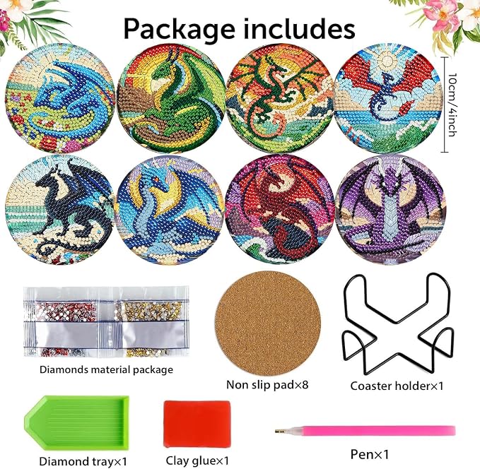 Zythron 8 Pack Diamond Art Coasters, Dragon Diamond Painting Coasters Kits | - Image 2
