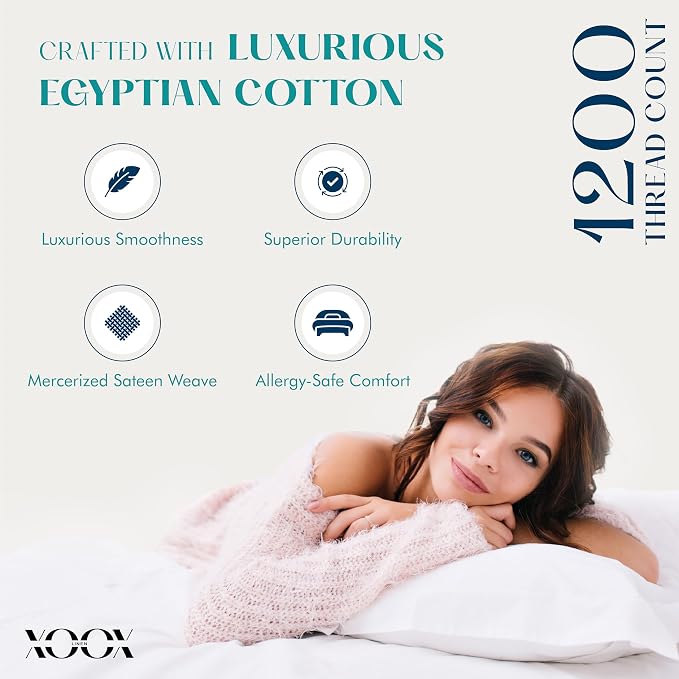 XOOX Linen 100% Egyptian Cotton King Pillow Cases Set of 2 - Image 2