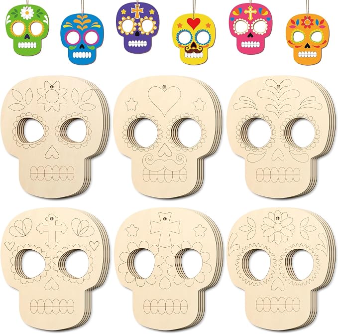 COCHIE Day of the Dead Skull Wood Crafts to Paint Set of 24, Día De Los Muertos by COCHIE