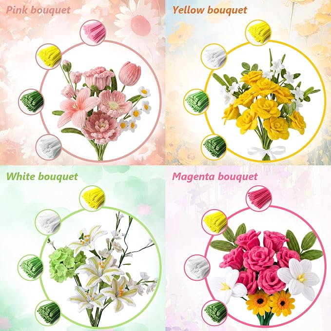 Cwczhi 600 PCS Pipe Cleaners Craft, 9 Assorted Colors Pink Pipe Cleaner Flower - Image 4