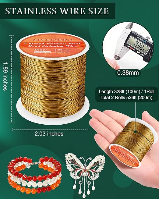 FIVEIZERO 656FT 0.38mm Gold 7 Strand Stainless Steel Beading Wire, 2 Rolls - Image 2