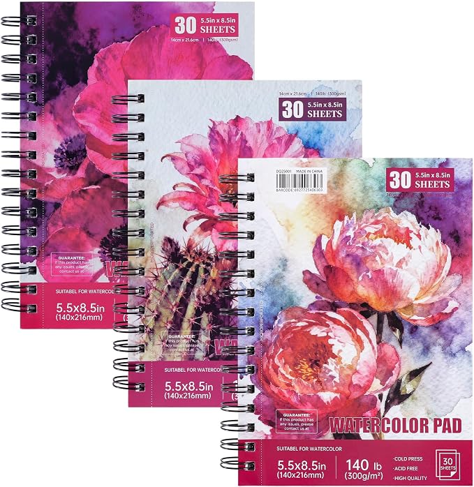 3 Pack 90 Sheet Watercolor Paper Pad 5.5“ x 8.5”, 140lb/300 GSM Cotton Cold by Hugestar
