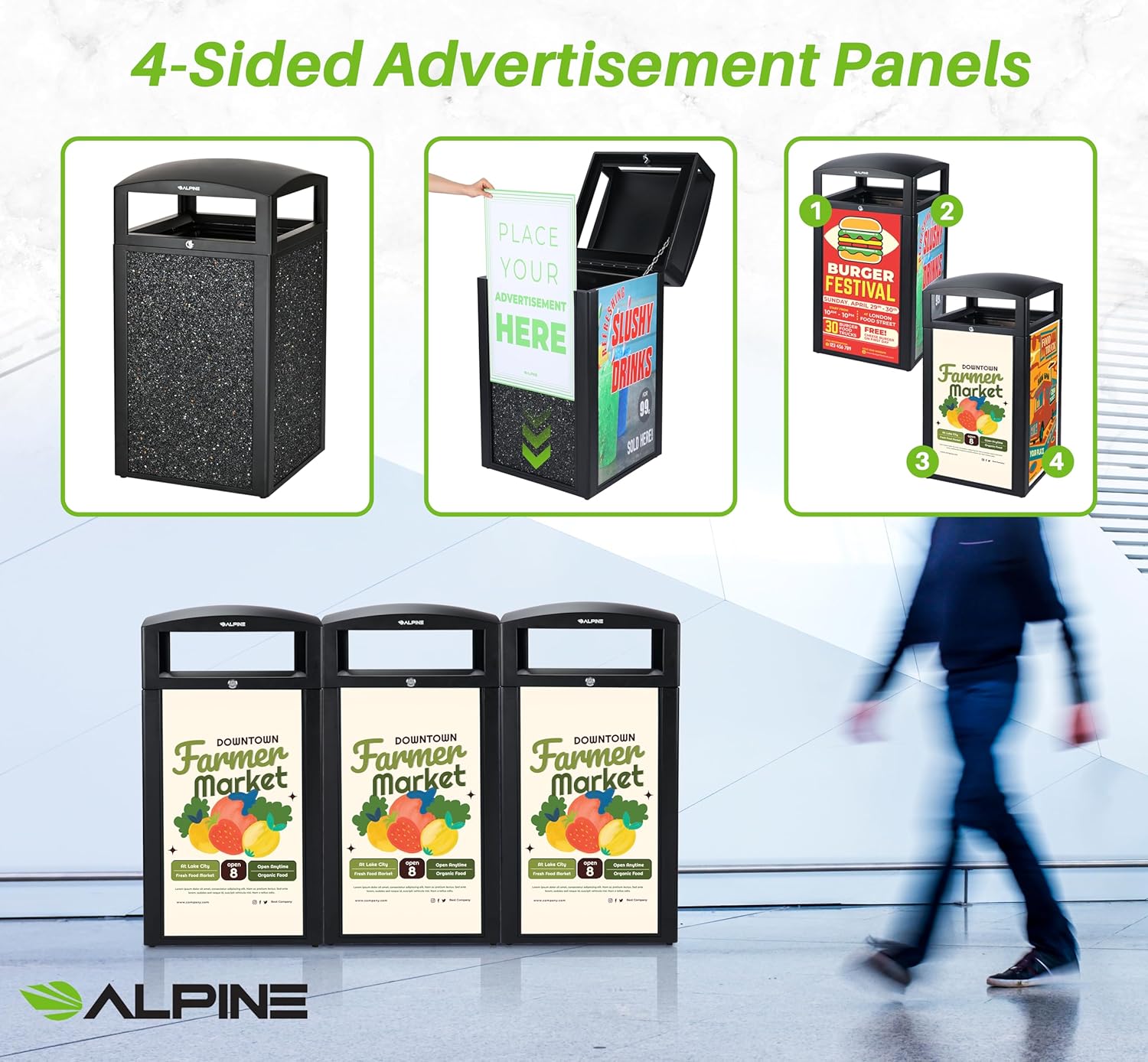 Alpine Outdoor Commercial Trash Can with Lid - 40 Gallon Heavy Duty Metal Garbage Can with Advertising Panels, Removable Bin, Locking Lid for a Modern Look in Pool, Park, Mall (Grey Stones)