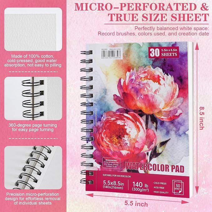 3 Pack 90 Sheet Watercolor Paper Pad 5.5“ x 8.5”, 140lb/300 GSM Cotton Cold - Image 2