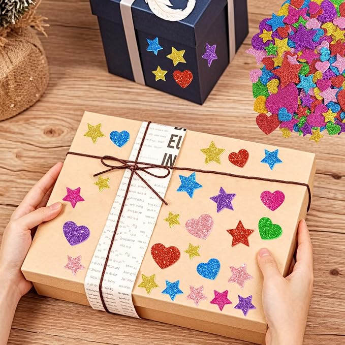 987 Pcs Glitter Foam Stickers, Heart & Star Shapes Stickers, 7 Sheets Colorful - Image 6