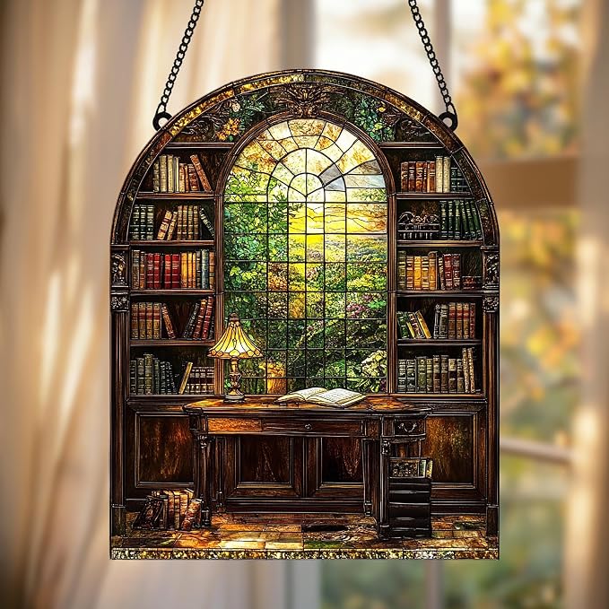 Bookshelf Acrylic Suncatcher Window Hanging Faux Stained Glass Bookish Decor - Image 3