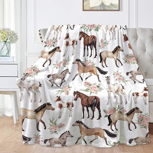 Horse Rose Blanket for Adults,Flowers Throw Blanket for Girls Boys Lightweight Cute Horses Soft Cozy Flannel Blanket for Kids 90 * 120 Inches