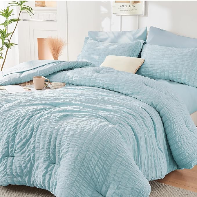 HYMOKEGE Lake Blue California King Comforter Set Seersucker 7 Pieces, All by HYMOKEGE